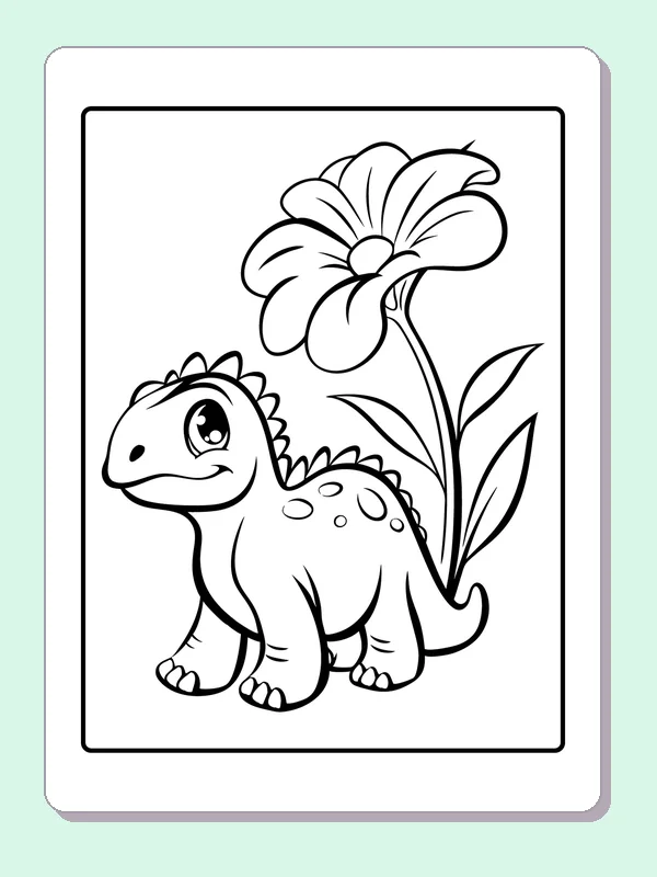 Black and white printable stegosaurus beside a flower coloring sheet