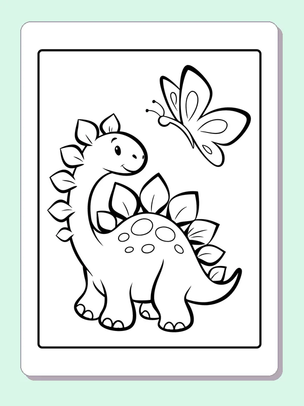 Black and white printable stegosaurus looking at a butterfly coloring sheet