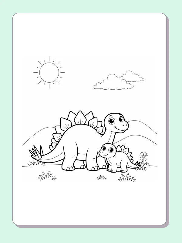 Black and white printable stegosaurus parent and little calf coloring sheet