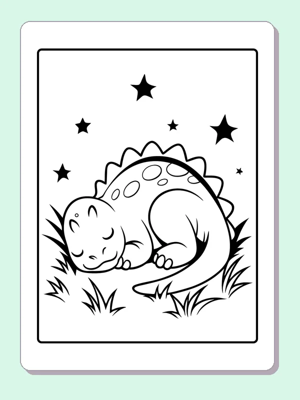Black and white printable stegosaurus sleeping under stars coloring sheet