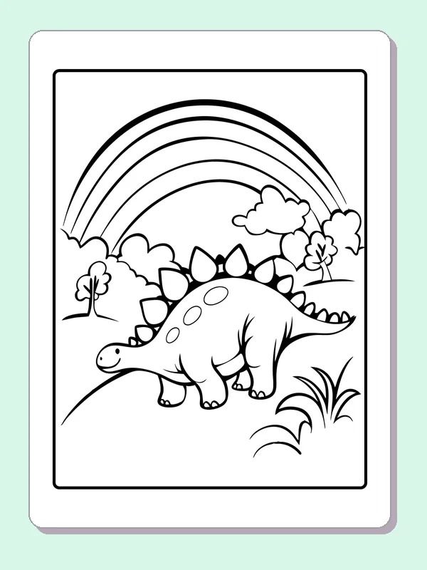 Black and white printable stegosaurus under a rainbow coloring sheet