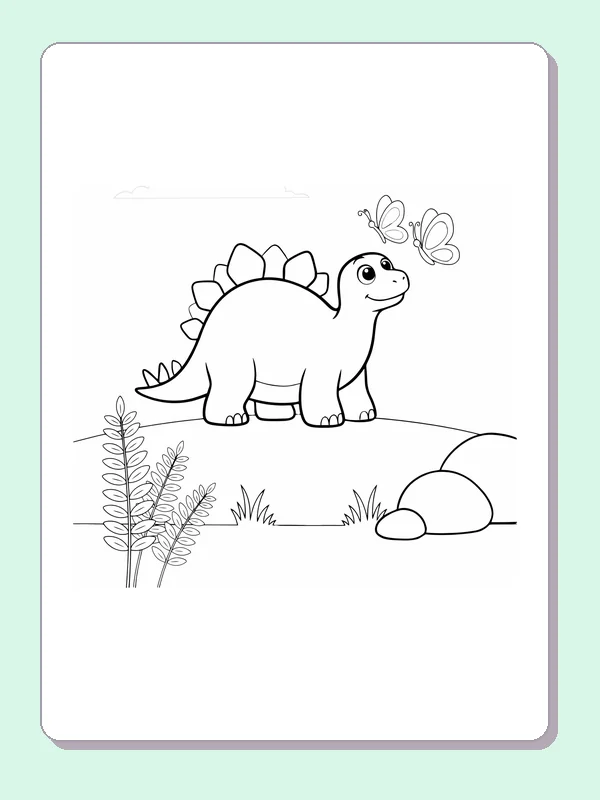 Black and white printable stegosaurus watching butterflies coloring sheet