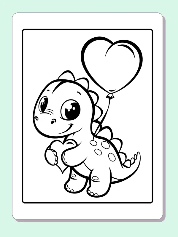 Black and white printable stegosaurus with heart balloon coloring sheet