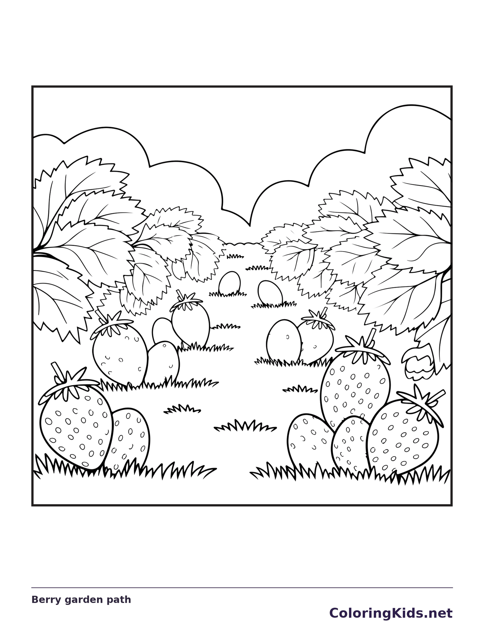 Black and white printable berry garden path coloring sheet