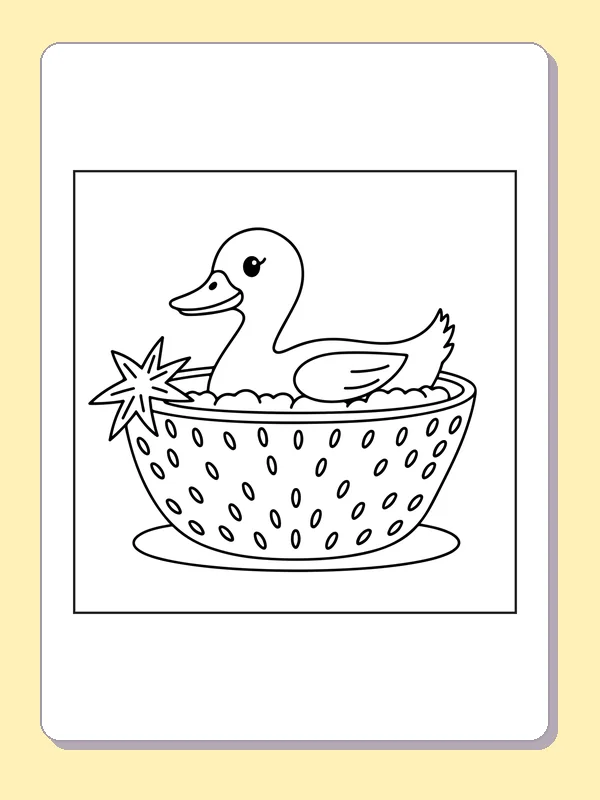 Black and white printable duck in a berry bowl coloring sheet
