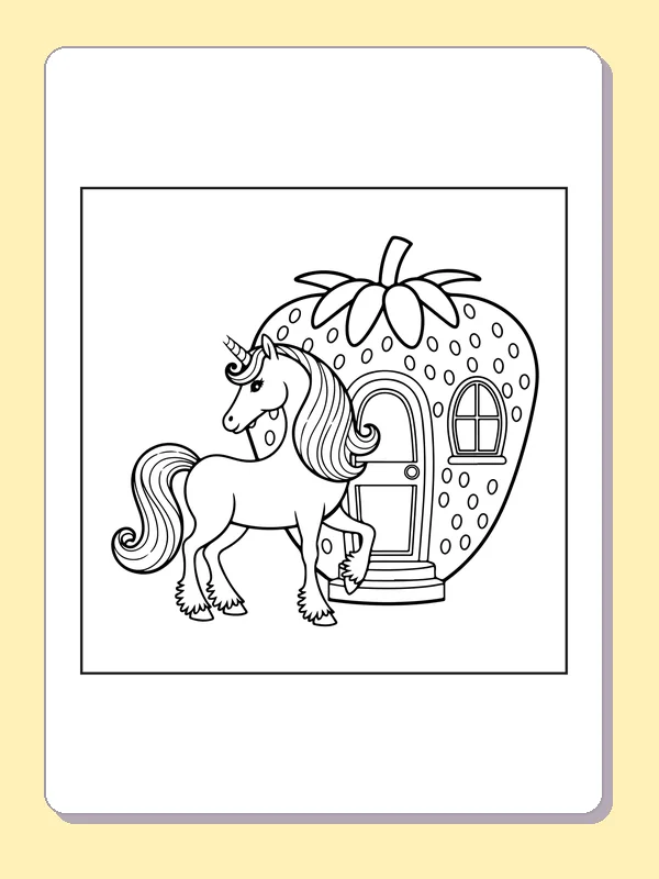 Black and white printable pony beside a strawberry house coloring sheet
