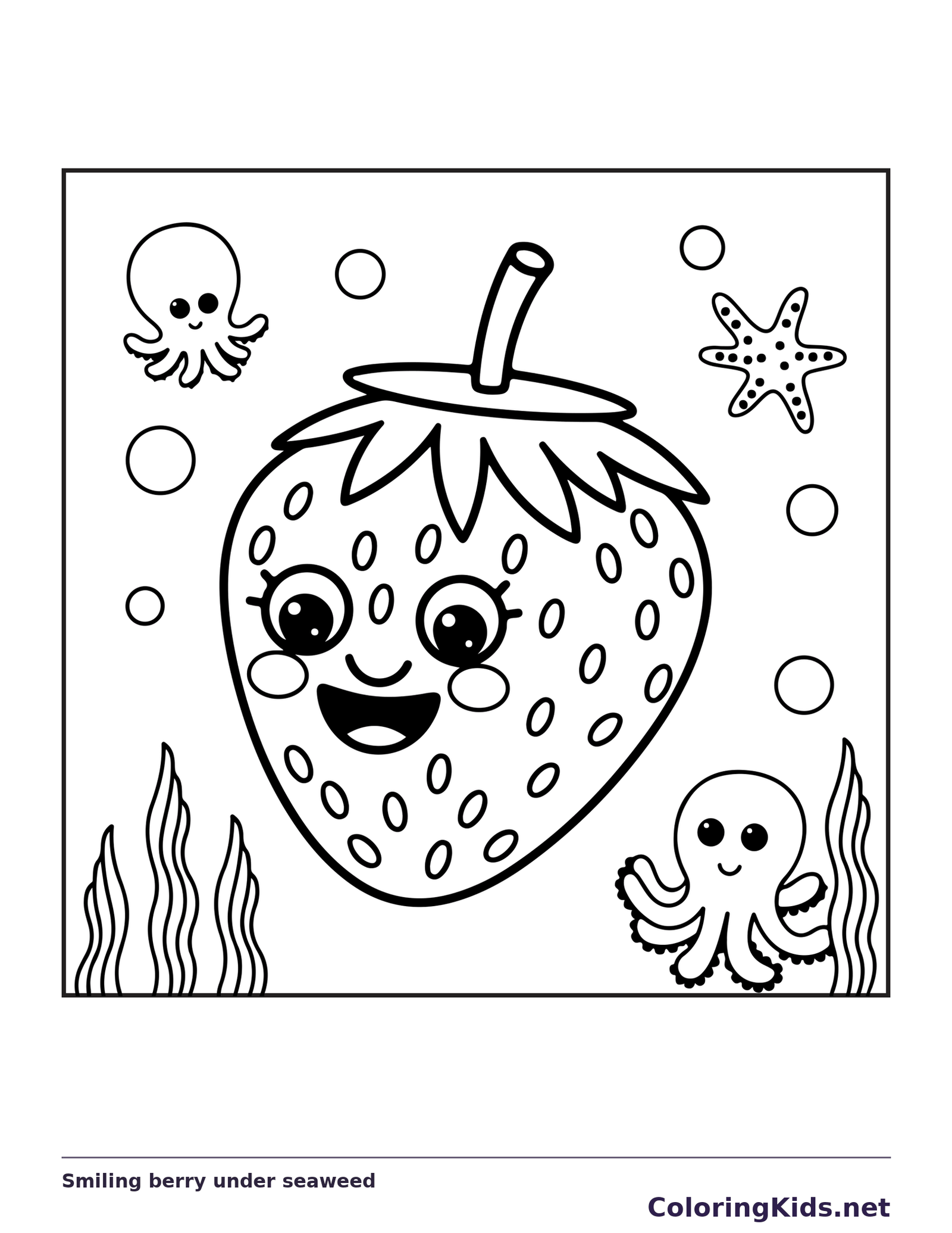 Black and white printable smiling berry under seaweed coloring sheet