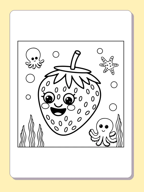 Black and white printable smiling berry under seaweed coloring sheet