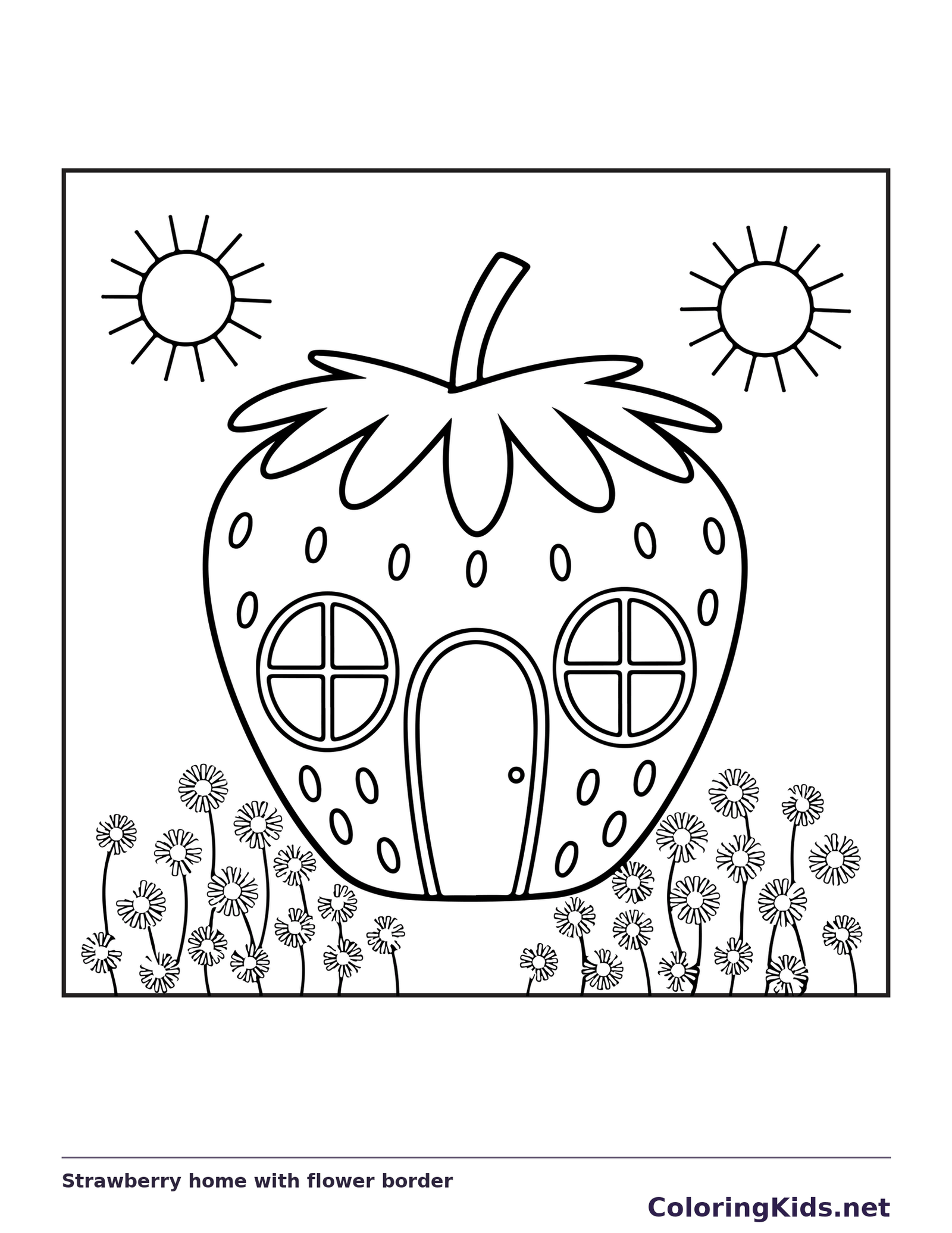 Black and white printable strawberry home with flower border coloring sheet