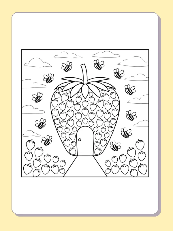 Black and white printable strawberry house at end of path coloring sheet
