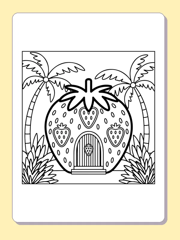 Black and white printable strawberry house under palms coloring sheet