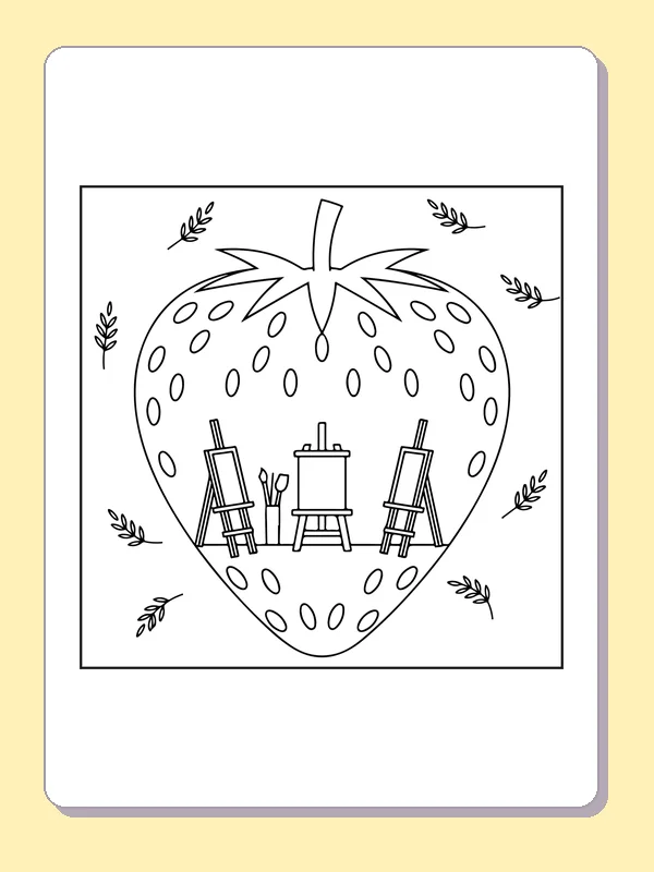 Black and white printable strawberry picture on an easel coloring sheet
