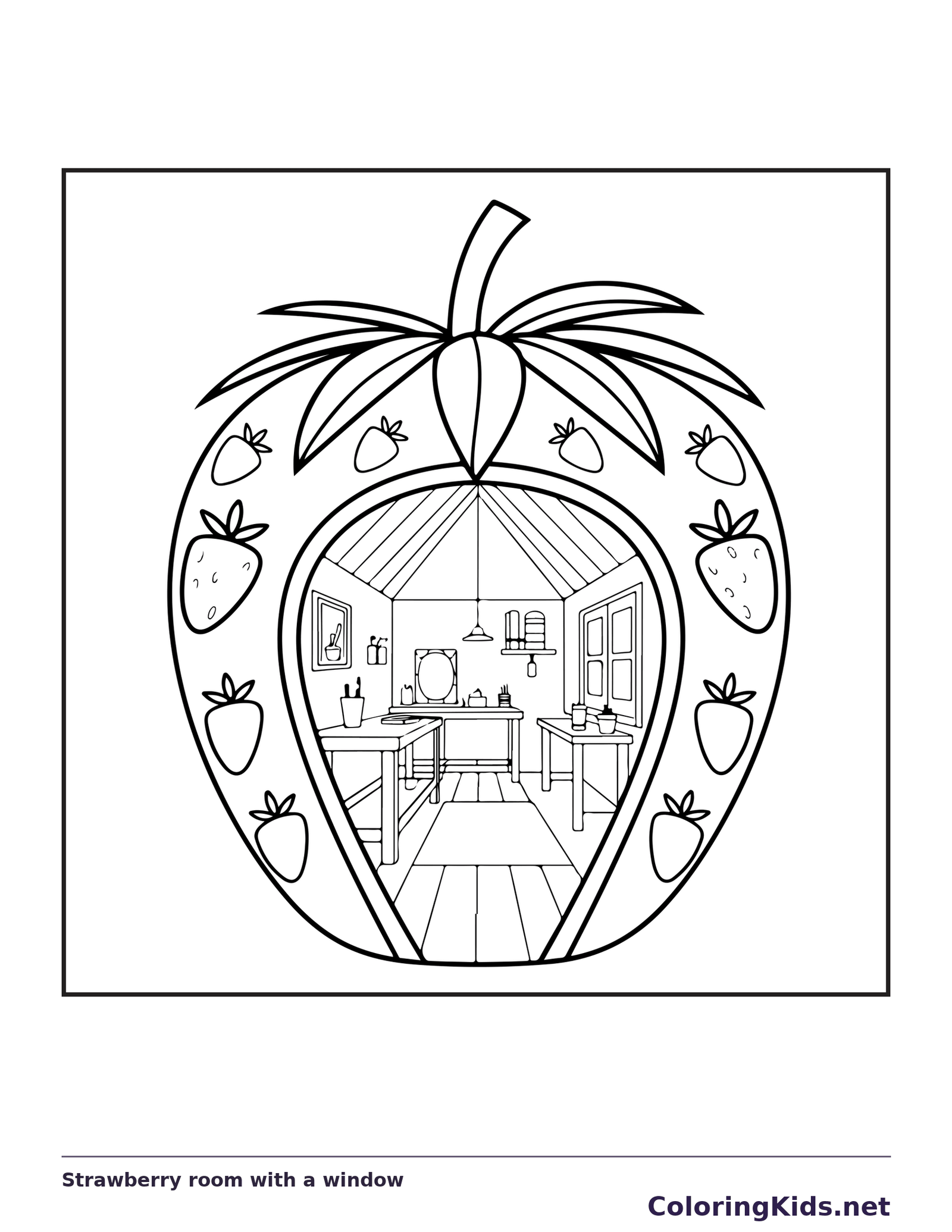 Black and white printable strawberry room with a window coloring sheet