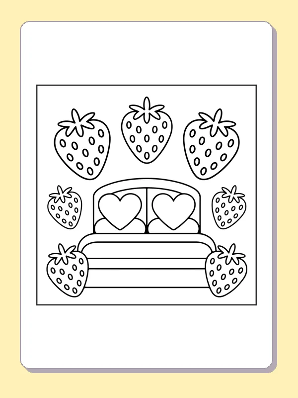 Black and white printable strawberry sofa with cushions coloring sheet