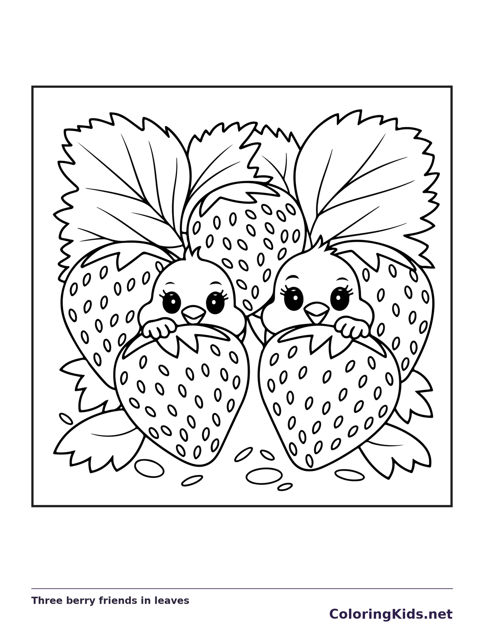 Black and white printable three berry friends in leaves coloring sheet