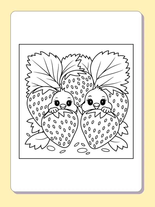 Black and white printable three berry friends in leaves coloring sheet