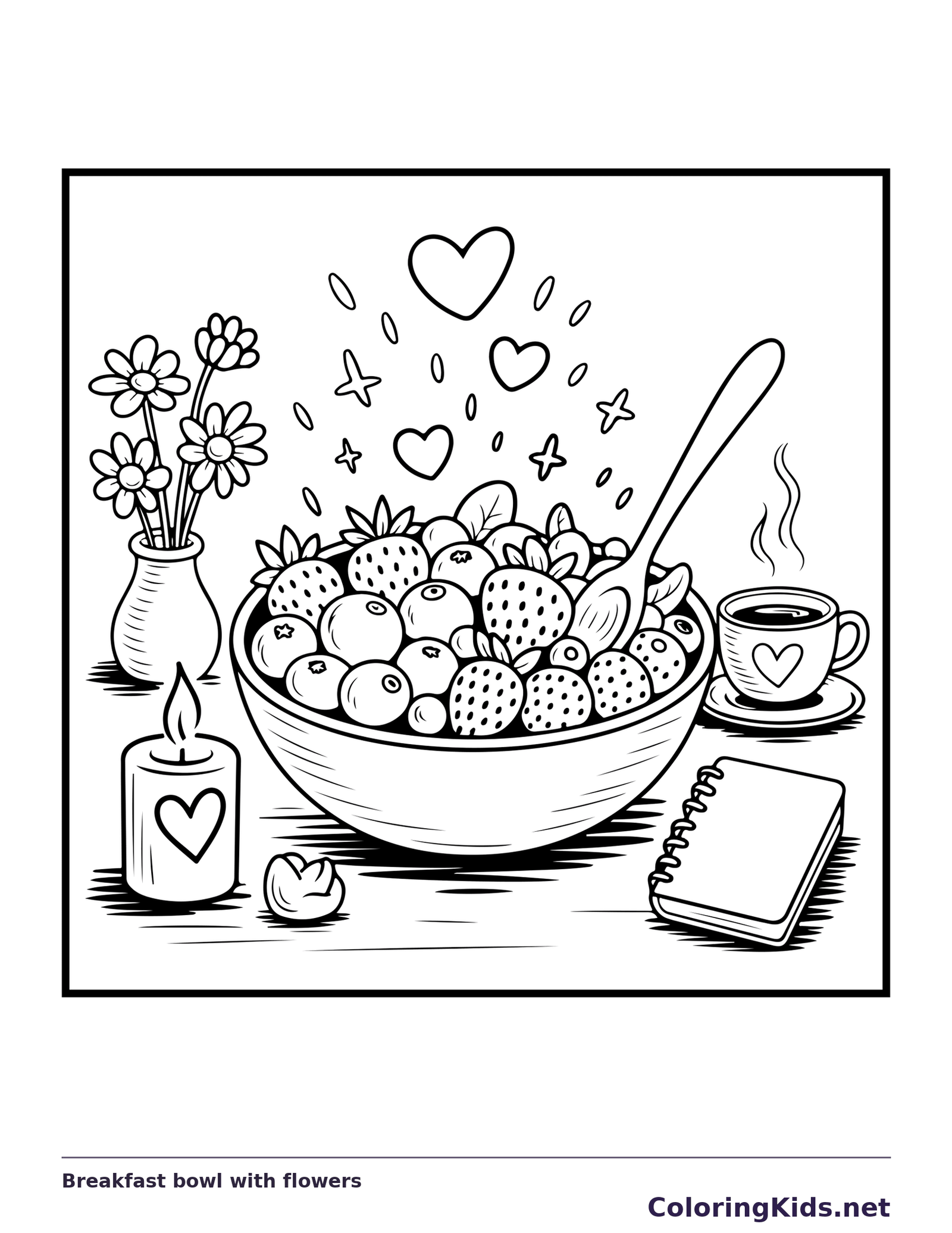 Black and white printable breakfast bowl with flowers coloring sheet