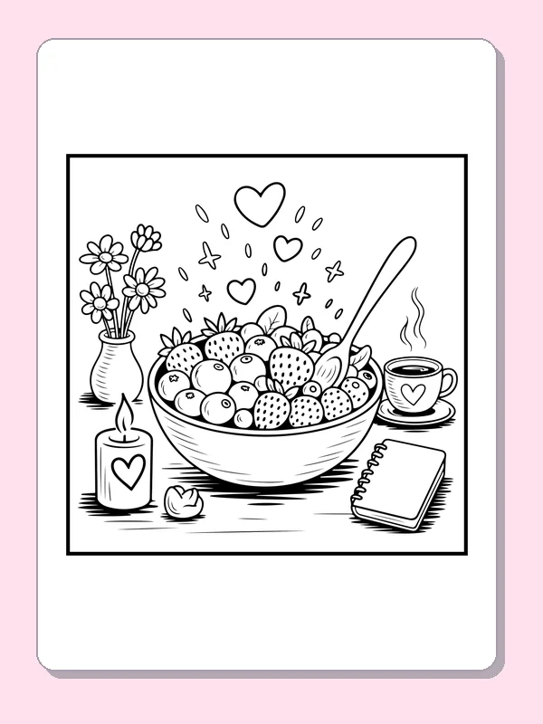 Black and white printable breakfast bowl with flowers coloring sheet