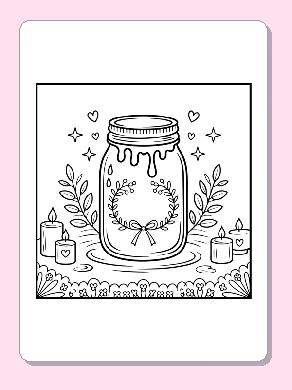 Black and white printable candle in a decorated jar coloring sheet