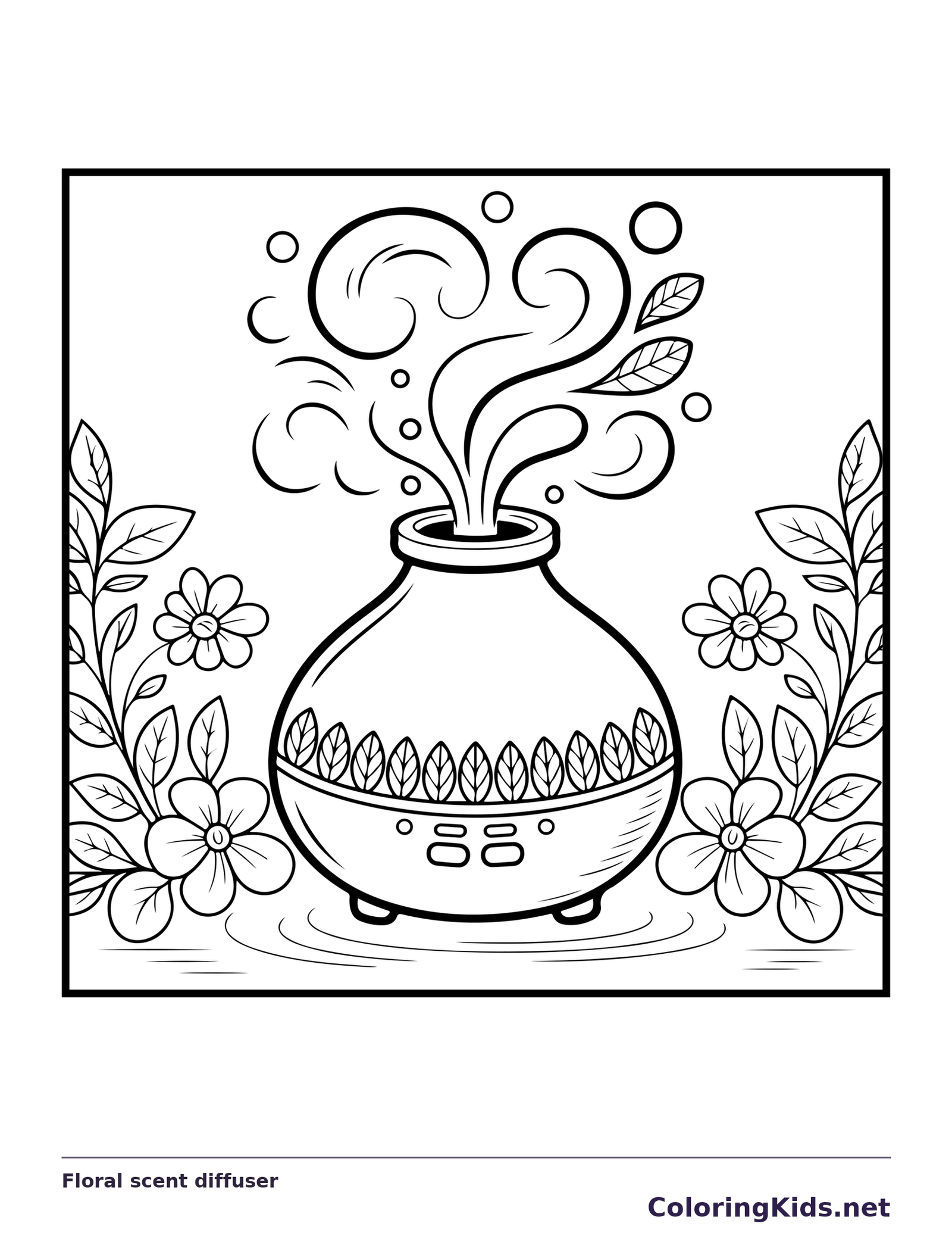 Black and white printable floral scent diffuser coloring sheet