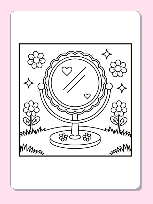 Black and white printable flower-framed hand mirror coloring sheet