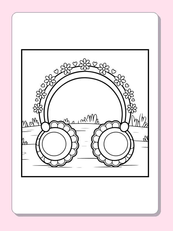 Black and white printable flowered headphones coloring sheet