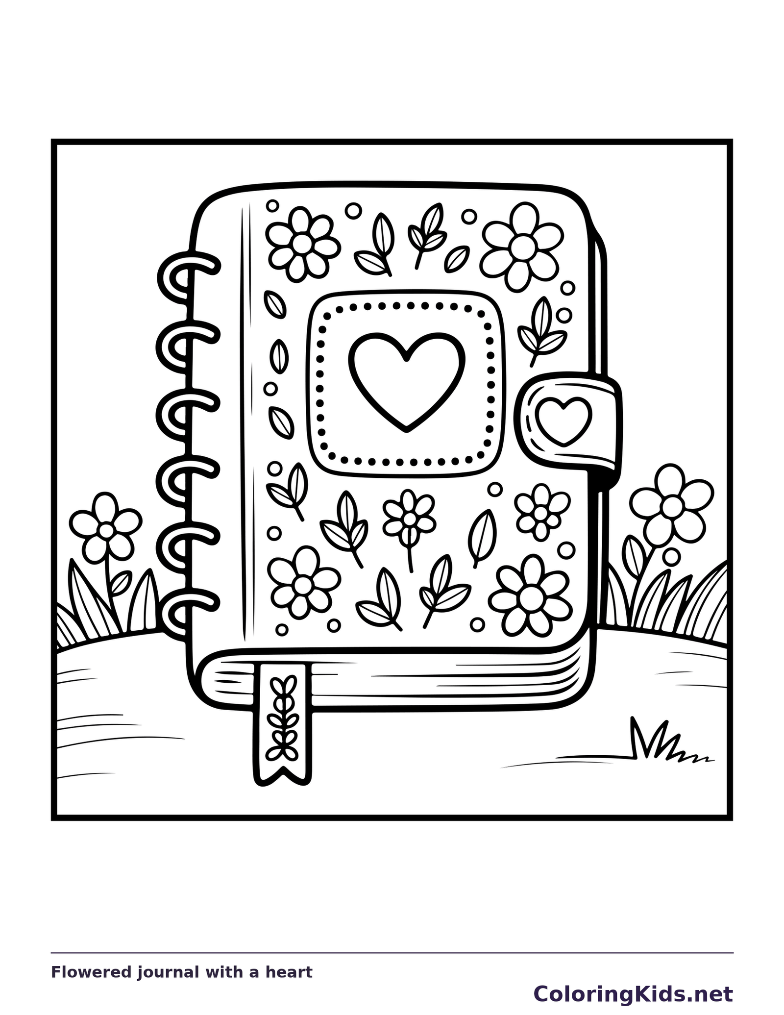 Black and white printable flowered journal with a heart coloring sheet