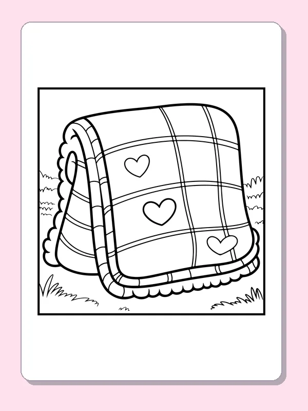 Black and white printable folded heart blanket coloring sheet