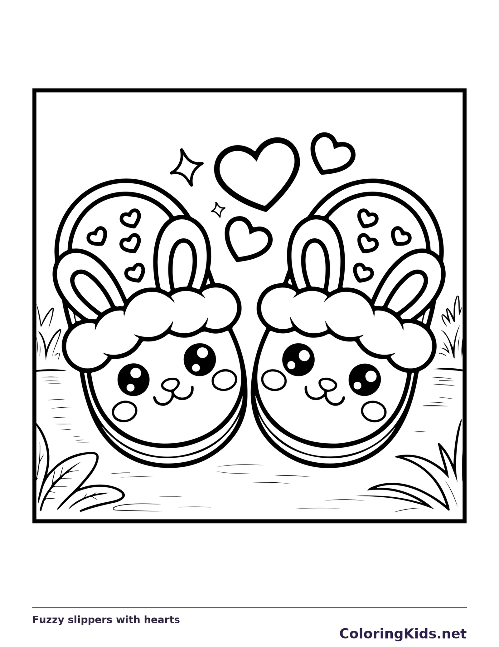 Black and white printable fuzzy slippers with hearts coloring sheet
