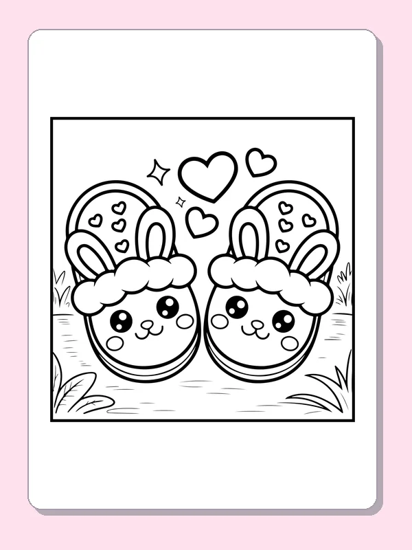 Black and white printable fuzzy slippers with hearts coloring sheet