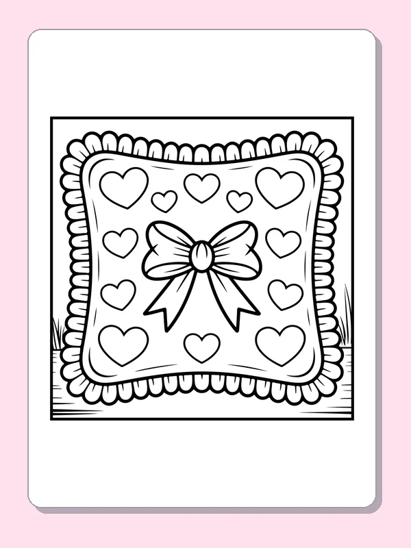 Black and white printable heart-patterned pillow coloring sheet