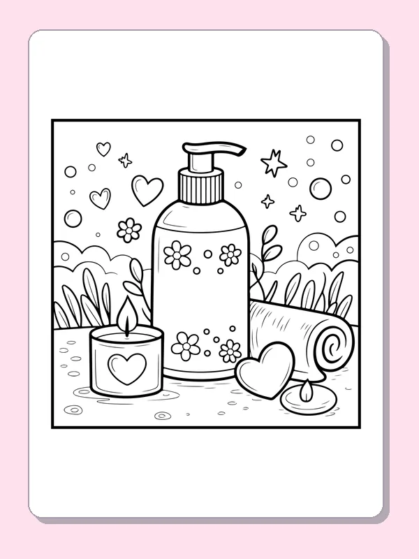 Black and white printable lotion and folded towel coloring sheet
