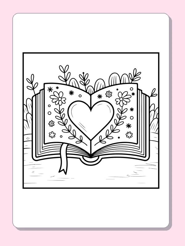 Black and white printable open book with a heart coloring sheet