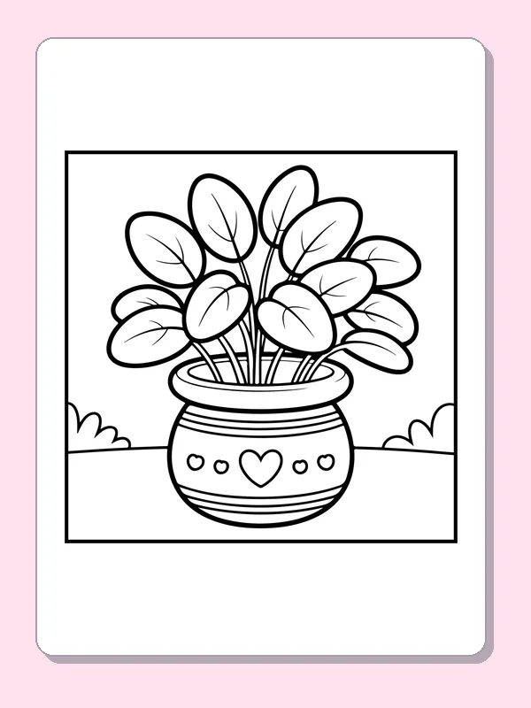 Black and white printable potted plant with round leaves coloring sheet