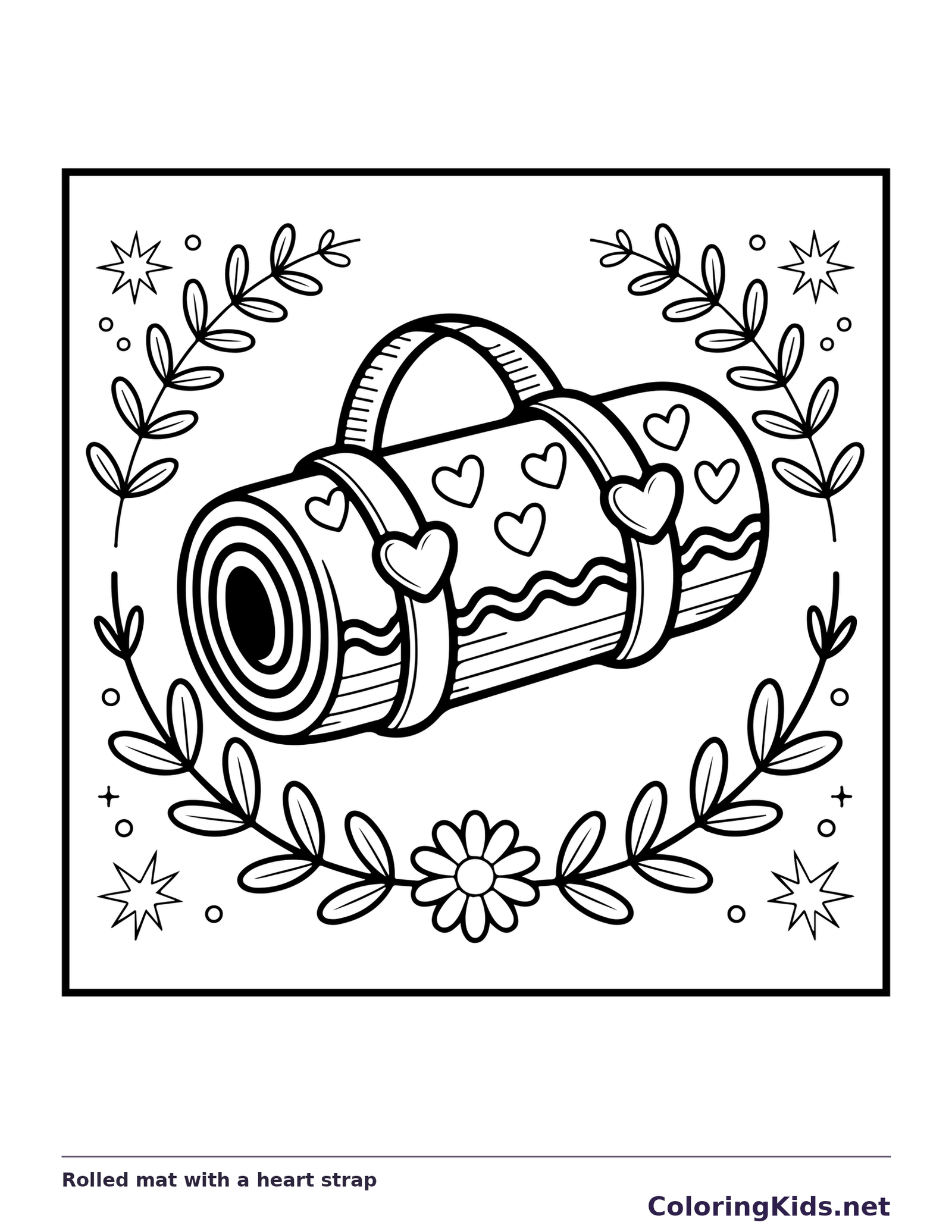 Black and white printable rolled mat with a heart strap coloring sheet