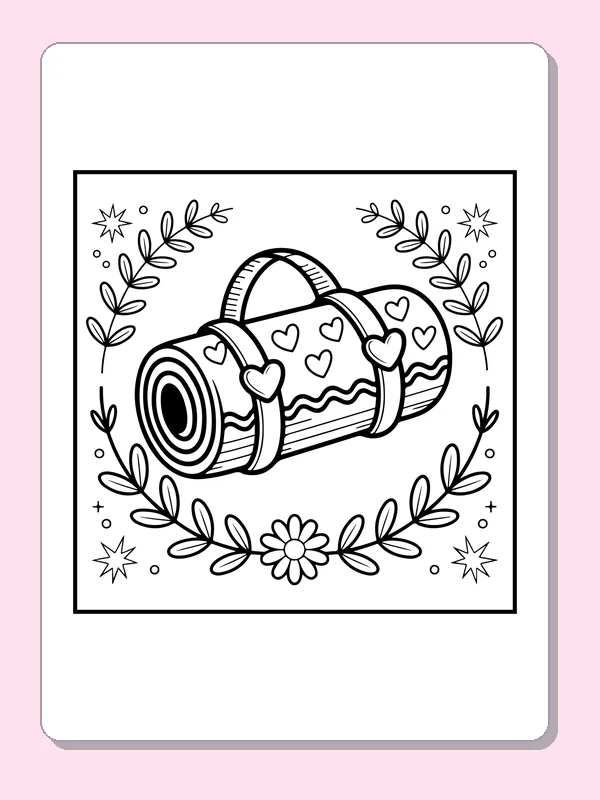 Black and white printable rolled mat with a heart strap coloring sheet