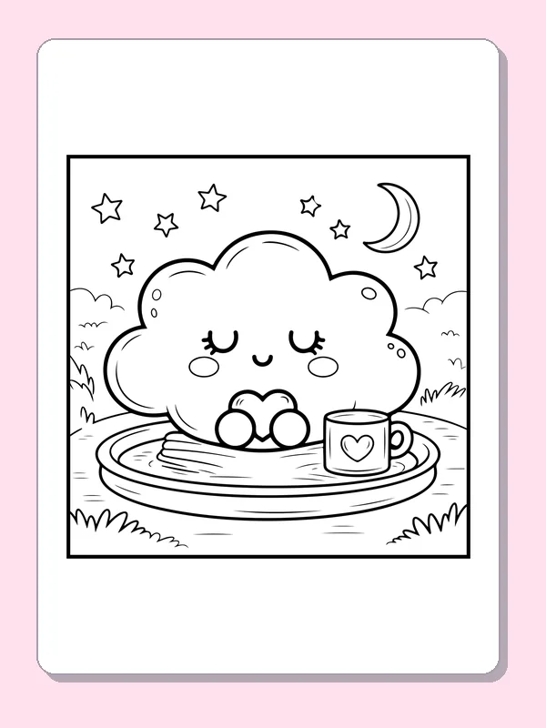 Black and white printable sleepy cloud beside a warm mug coloring sheet