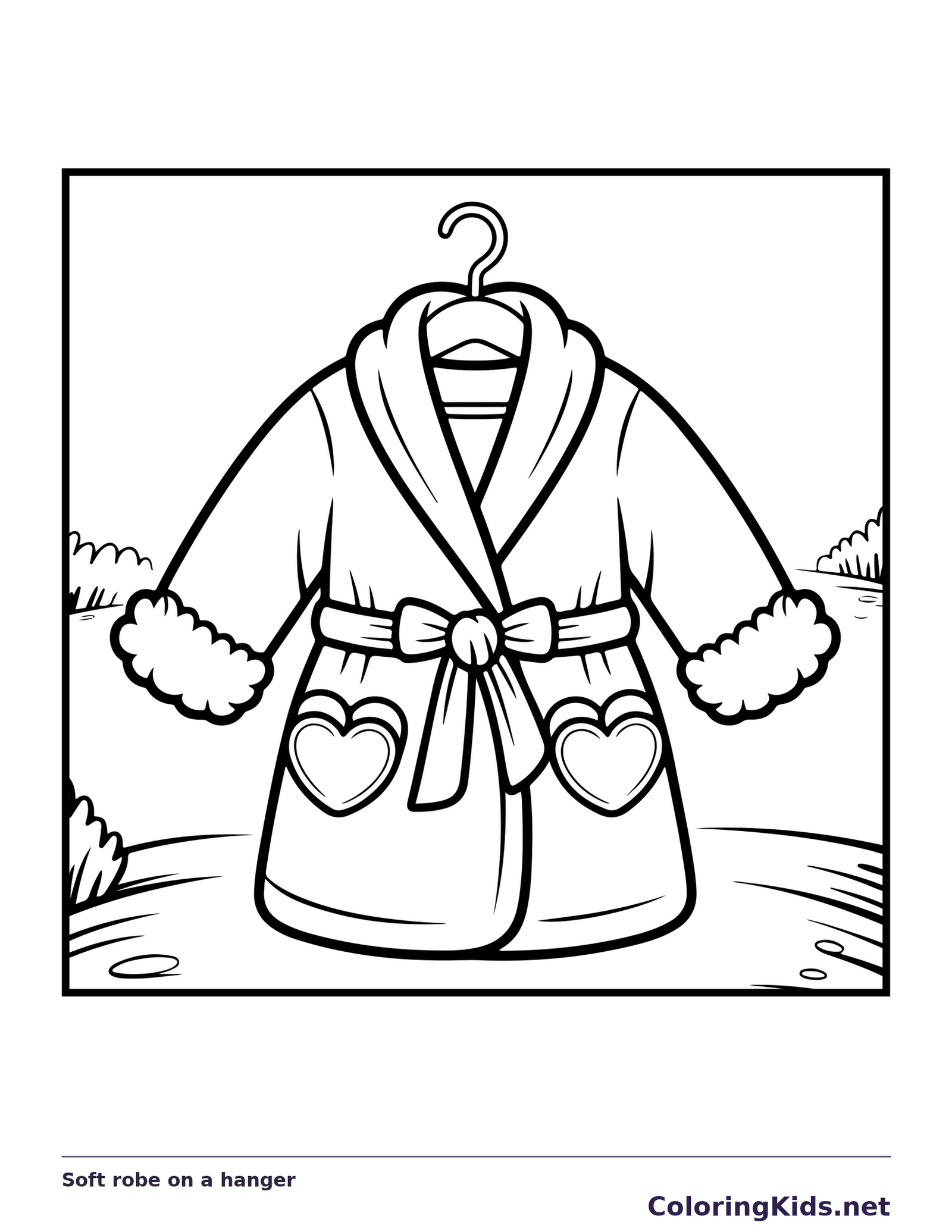 Black and white printable soft robe on a hanger coloring sheet