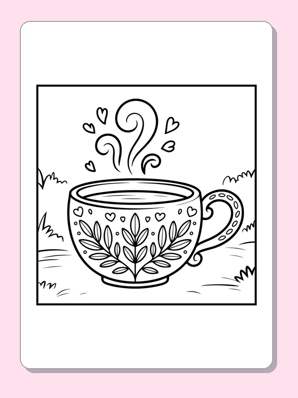 Black and white printable steaming tea cup with leaves coloring sheet