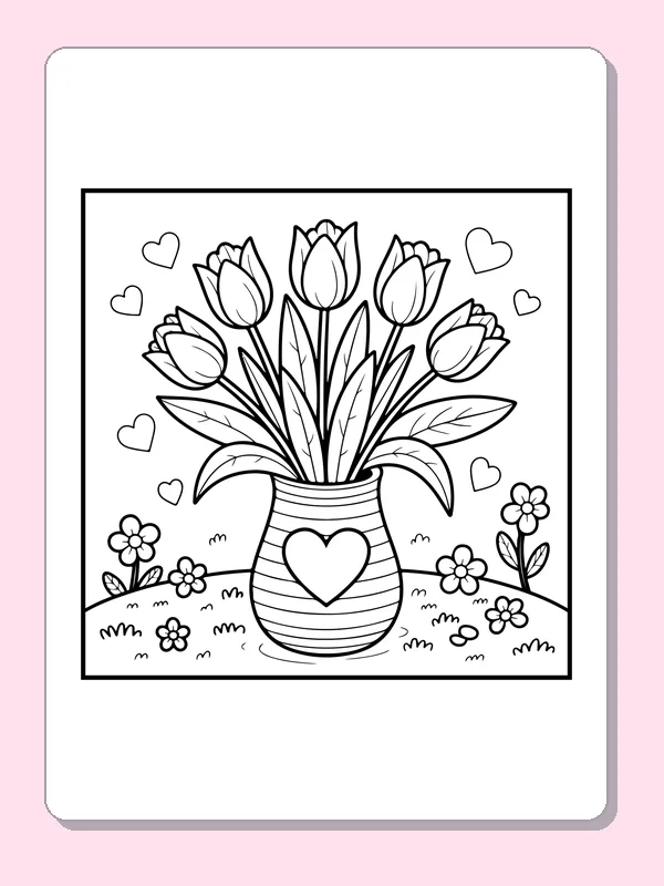 Black and white printable tulips in a heart vase coloring sheet