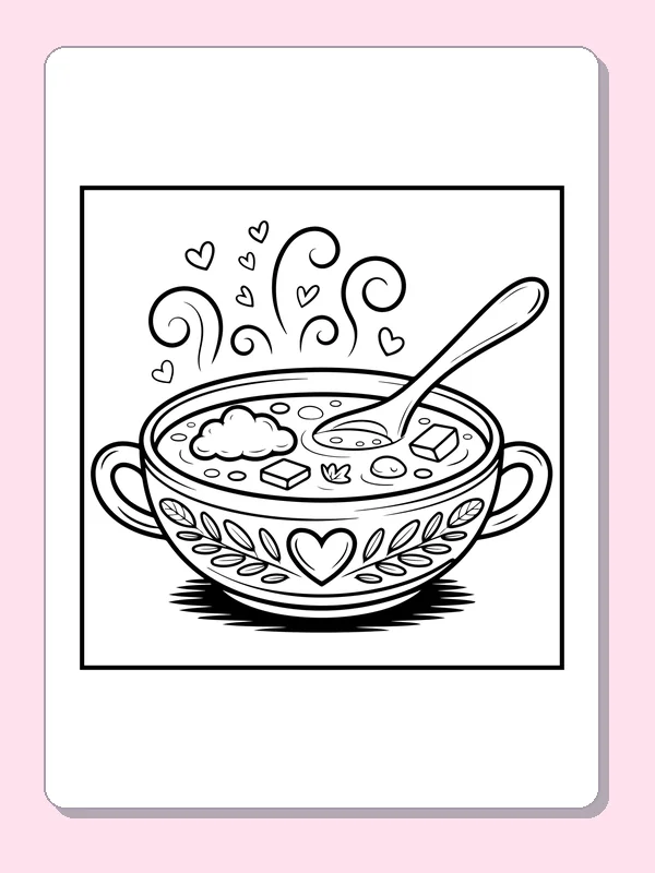Black and white printable warm soup with a spoon coloring sheet