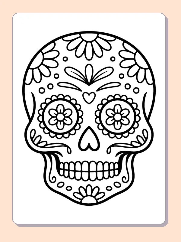 Sugar skull with big petal eyes coloring page: black and white line art to print or color online