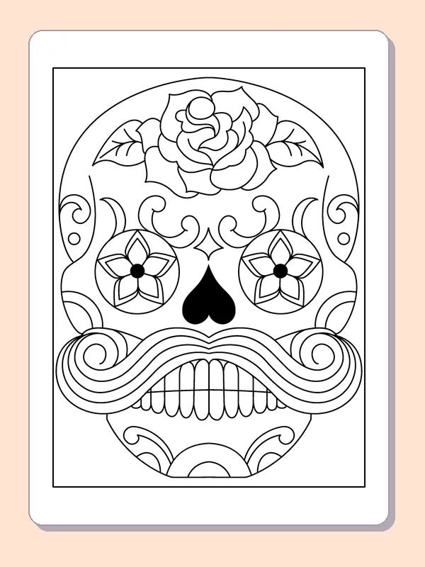 Sugar skull with bold flowers and curls coloring page: black and white line art to print or color online