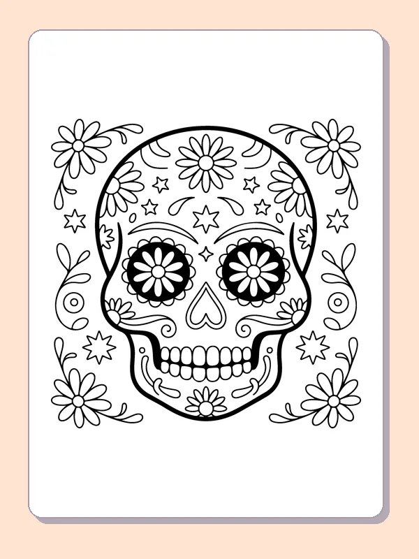 Sugar skull with daisies and stars coloring page: black and white line art to print or color online