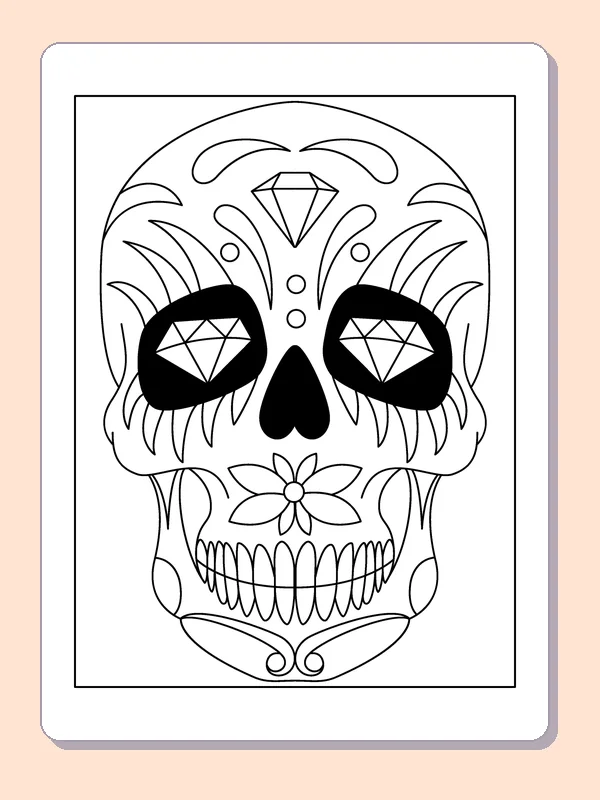 Sugar skull with diamond eyes coloring page: black and white line art to print or color online