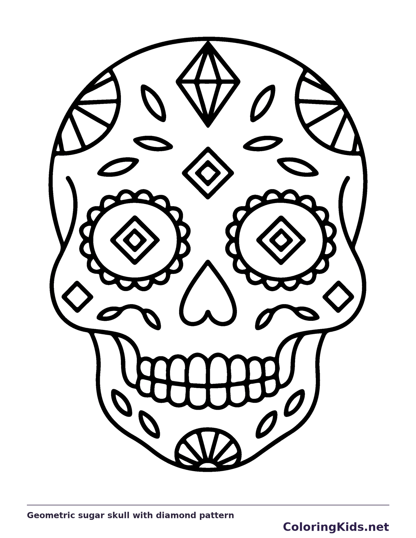 Geometric sugar skull with diamond pattern coloring page: black and white line art to print or color online