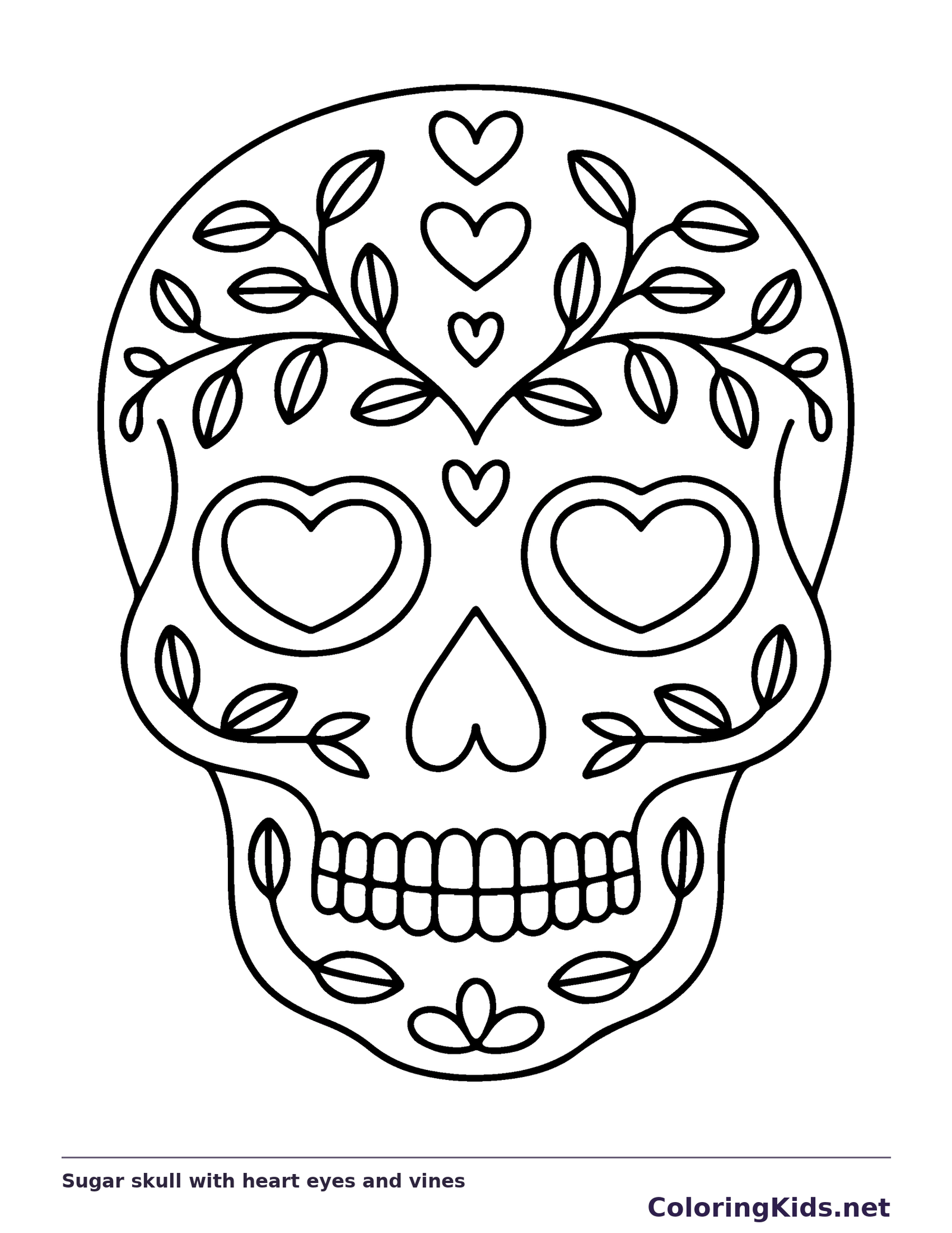 Sugar skull with heart eyes and vines coloring page: black and white line art to print or color online