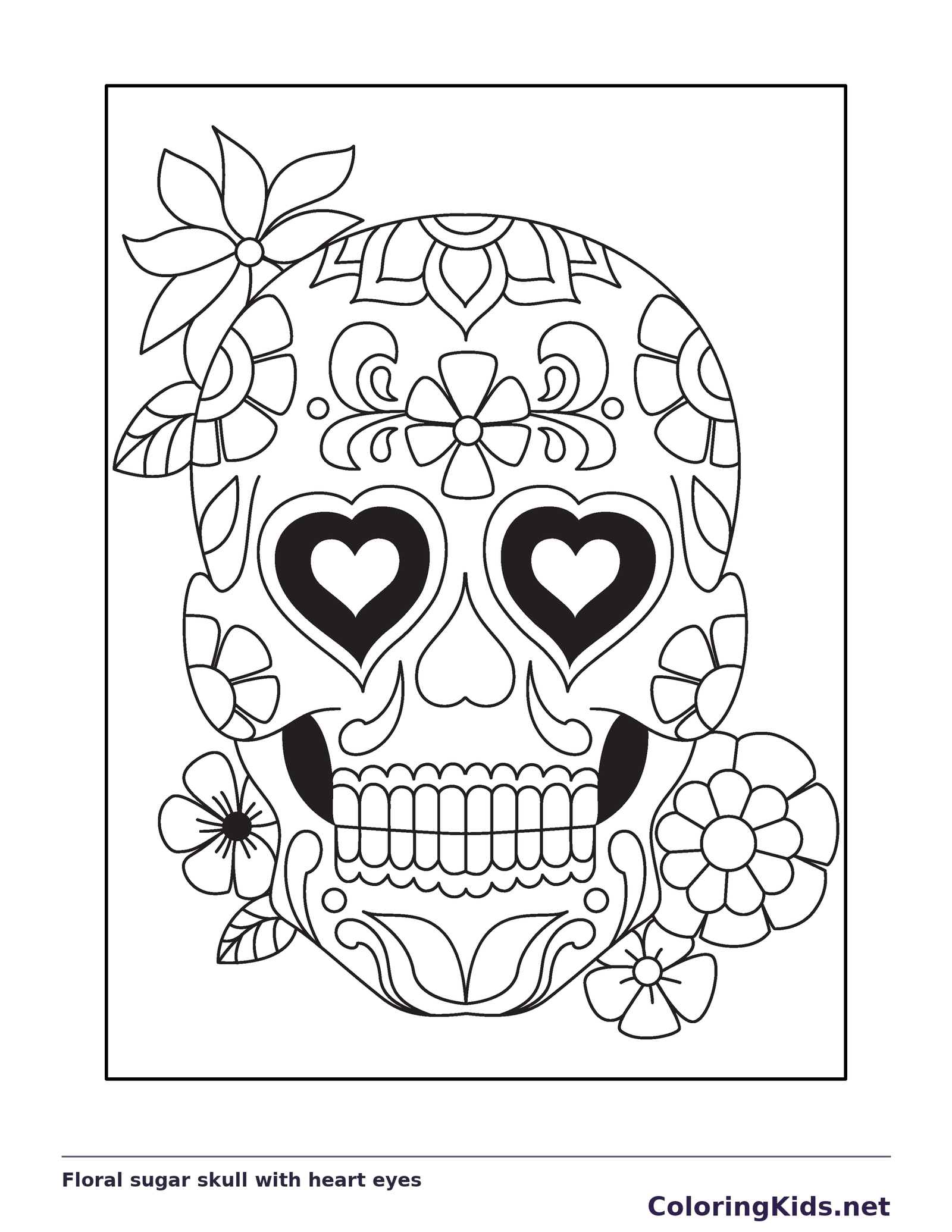 Floral sugar skull with heart eyes coloring page: black and white line art to print or color online