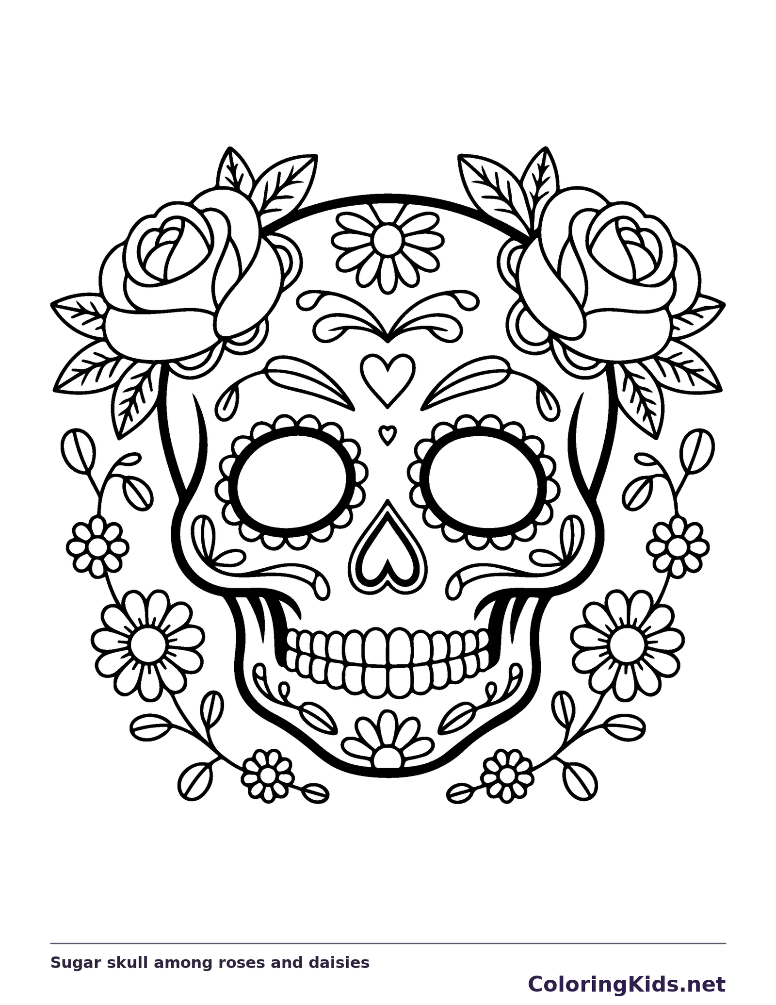 Sugar skull among roses and daisies coloring page: black and white line art to print or color online