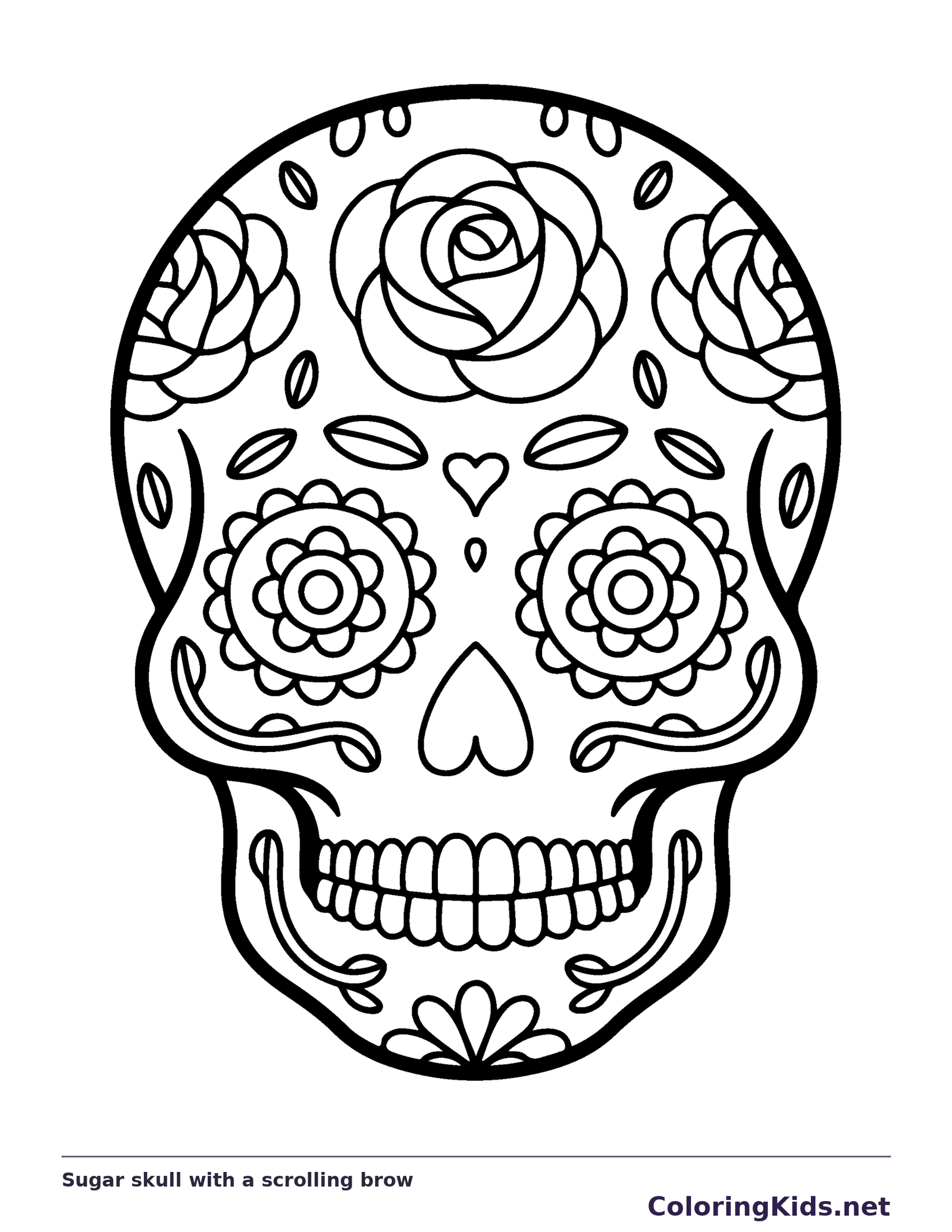 Sugar skull with a scrolling brow coloring page: black and white line art to print or color online